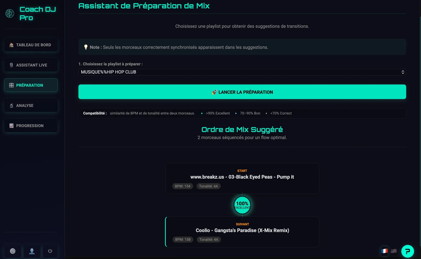Assistant de préparation de mix Coach DJ Pro : ordre de mix suggéré avec compatibilité 100 % entre deux morceaux